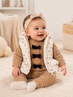 Kids Neutral Polka Dot Puffer Vest - Cream 12 M